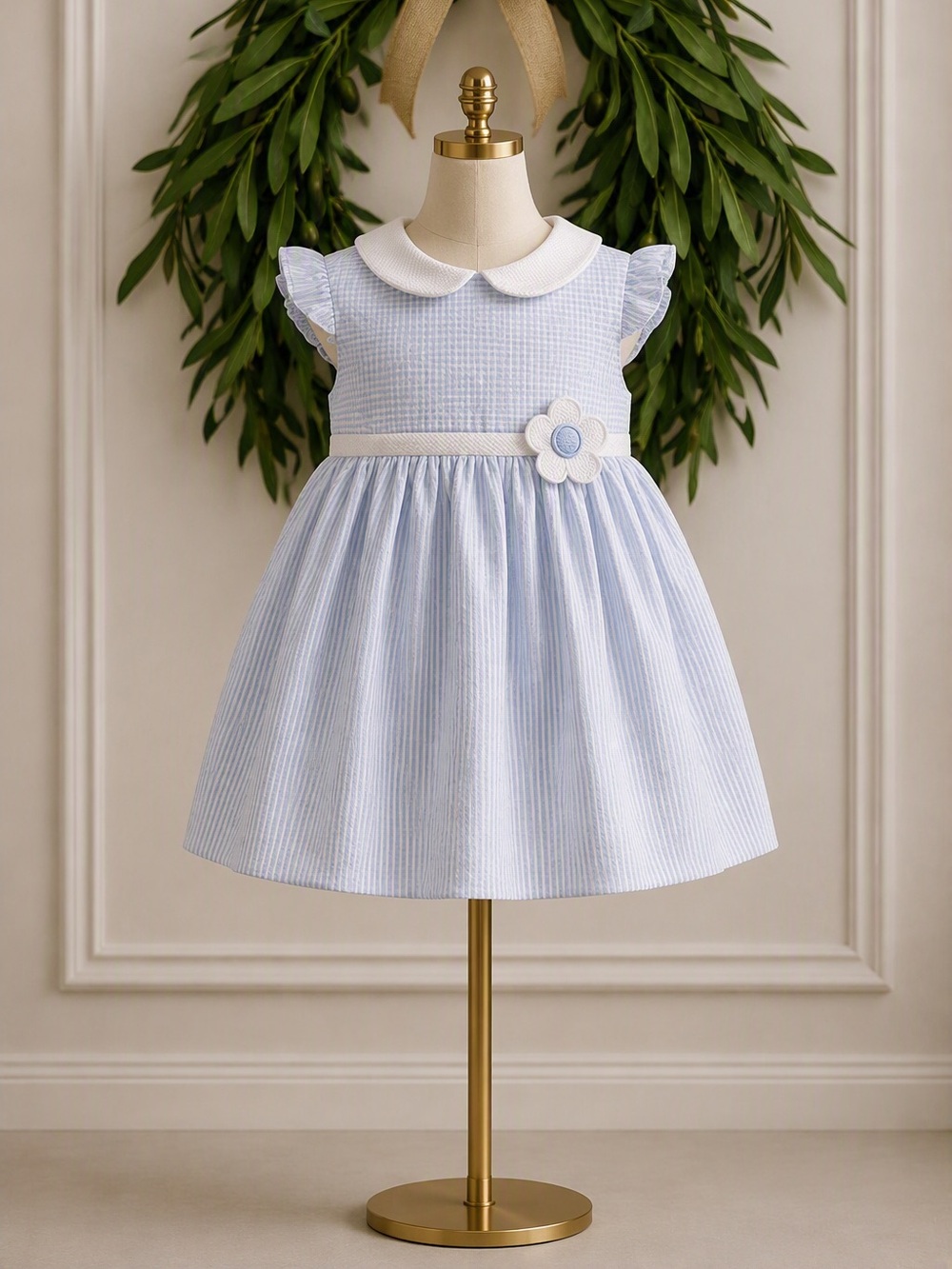 Marco & Lizzy Blue White Stripe Dress Flower 9 Months